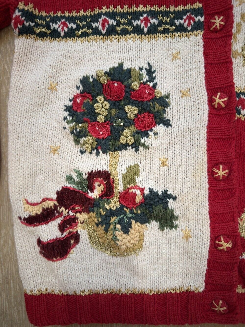 VTG Y2K Tiara International Christmas Cardigan Ugly Grandma Sweater S Patchwork - Picture 12 of 15